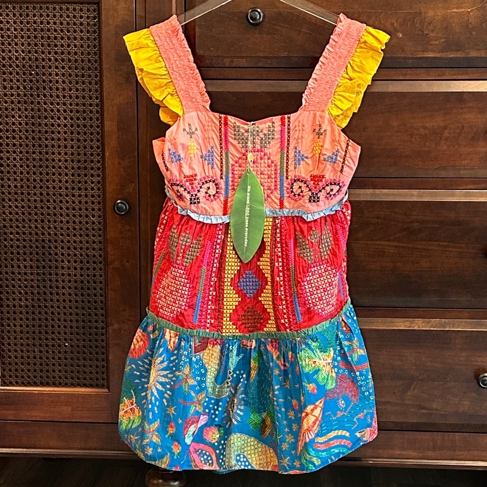 FARM RIO Colorblock Embroidered Mini Dress 100% Cotton Multi-Color SMALL NWT